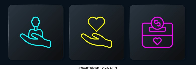 Set line Caring for people, Donation and charity and Heart hand. Black square button. Vector