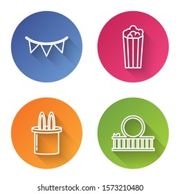 Set line Carnival garland with flags, Popcorn in cardboard box, Magician hat and rabbit ears and Roller coaster. Color circle button. Vector