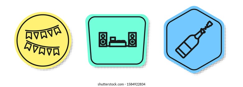 Set line Carnival garland with flags , Home stereo with two speakers  and Champagne bottle . Colored shapes. Vector