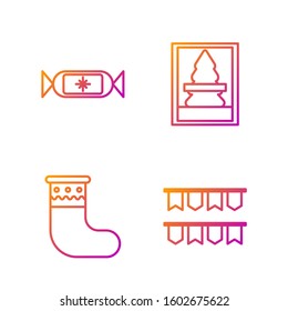 Set line Carnival garland with flags, Christmas stocking, Candy and Christmas postcard. Gradient color icons. Vector