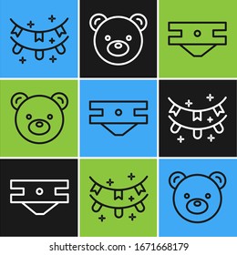 Set line Carnival garland with flags, Baby absorbent diaper and Teddy bear plush toy icon. Vector