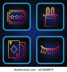 Set line Carnival garland with flags, Playing cards, Ticket and Magician hat and rabbit ears. Gradient color icons. Vector