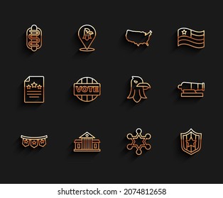 Die Linie Karnevalgarland mit Flaggen, Weiße Haus, Hot Dog Sandwich, Hexagram Sheriff, Schildsterne, Vote, Cannon und Adler Symbol. Vektorgrafik
