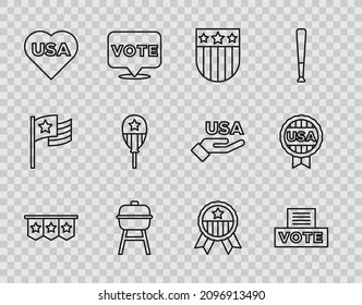 Set line Carnival garland with flags, Vote box, Shield stars, Barbecue grill, USA Independence day, Balloons, Medal and  icon. Vector