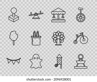 Set line Carnival garland with flags, Attraction carousel, Ghost, Joystick for arcade machine, Magician hat rabbit ears, Firework rocket and Vintage bicycle one big wheel one small icon. Vector