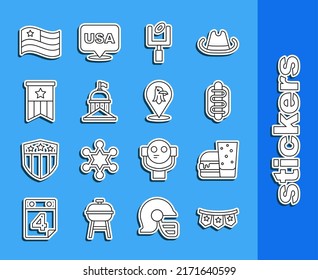 Set Line Carnival Garland With Flags, Burger, Hotdog Sandwich, American Football Goal Post, White House,  And Eagle Icon. Vector