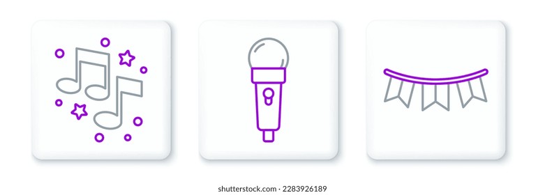 Set line Carnival garland with flags, Music note, tone and Microphone icon. Vector
