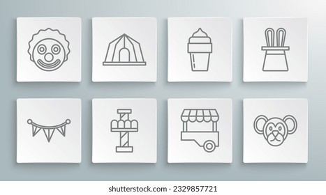 Set line Carnival garland with flags, Circus tent, Attraction carousel, Fast street food cart, Monkey, Ice cream, Magician hat rabbit ears and Clown head icon. Vector