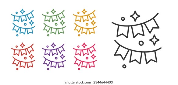 Set line Carnival garland with flags icon isolated on white background. Party pennants for birthday celebration, festival and fair decoration. Set icons colorful. Vector