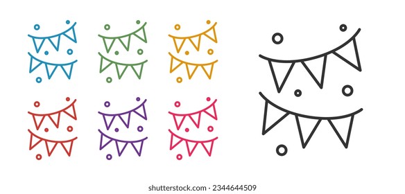 Set line Carnival garland with flags icon isolated on white background. Party pennants for birthday celebration, festival and fair decoration. Set icons colorful. Vector