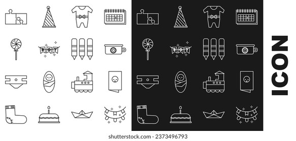 Set line Carnival garland with flags, Baby shower invitations card, poster, potty, clothes, Lollipop, Piece of puzzle and Wax crayons for drawing icon. Vector
