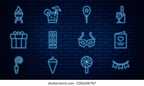 Set line Carnival garland with flags, Postcard heart, Balloon ribbon, Stereo speaker, Gift box, Barbecue grill, Festive mask and Cocktail icon. Vector