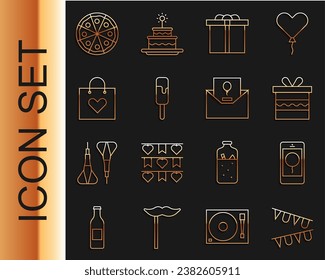 Set line Carnival garland with flags, Mobile birthday message, Gift box, Ice cream, Shopping bag heart, Pizza and Invitation icon. Vector