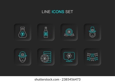 Set line Carnival garland with flags, Clover trefoil leaf, Golden leprechaun coin, Leprechaun, Medal clover, Beer bottle and Money bag icon. Vector