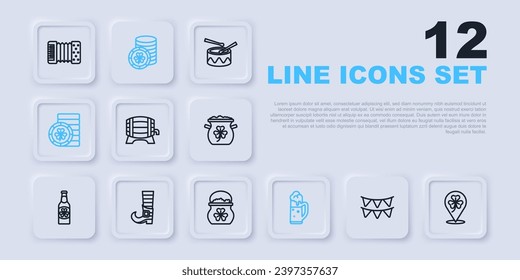 Set line Carnival garland with flags, Clover trefoil leaf, Wooden barrel on rack, Glass of beer, Golden leprechaun coin, Leprechaun boot,  and Pot gold coins icon. Vector