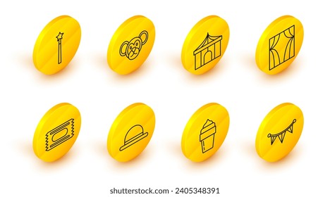Set line Carnival garland with flags, Ice cream, Clown hat, Circus ticket, curtain raises, tent, Monkey and Magic wand icon. Vector