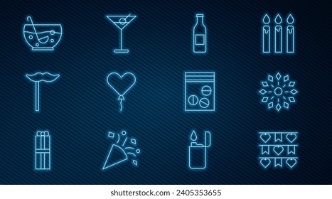 Set line Carnival garland with flags, Firework, Beer bottle, Balloon in form of heart, Paper mustache stick, Mixed punch bowl, Plastic bag drug and Martini glass icon. Vector