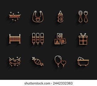 Set line Carnival garland with flags, Candy, Balloons in form of heart, Baby bathtub, Wax crayons drawing, Gift box and ABC blocks icon. Vector