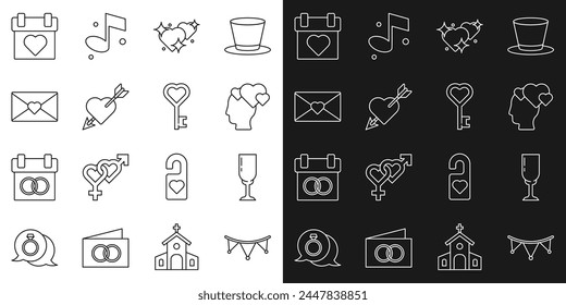 Guirnalda de carnaval con banderas, copa de champán, corazón de la cabeza, dos corazones vinculados, flecha de Amour, sobre de San Valentín, calendario e icono de forma de llave. Vector