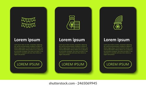 Set line Carnival garland with flags, Money bag clover and Pot of gold rainbow. Business infographic template. Vector