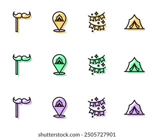Set line Carnival garland with flags, Paper mustache on stick, Circus tent and  icon. Vector