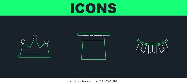 Set line Carnival garland with flags, Crown and Magician hat icon. Vector