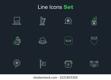 Set line Carnival garland with flags, Pot of gold coins, Ireland clover, Four leaf, Mustache beard, Leprechaun hat and Glass beer icon. Vector