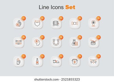 Set line Carnival garland with flags, Pot of gold coins, Leprechaun boot, Beer bottle clover, Glass beer, Drum drum sticks, Money bag and Horseshoe icon. Vector