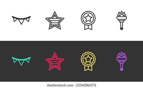 Set line Carnival garland with flags, USA Independence day, Medal star and Torch flame on black and white. Vector