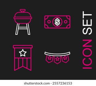 Set line Carnival garland with flags, American, Stacks paper money cash and Barbecue grill icon. Vector