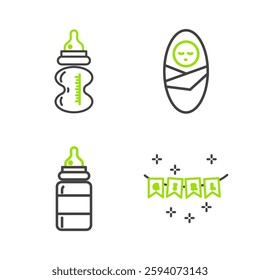 Set line Carnival garland with flags, Baby bottle, Newborn baby infant swaddled and  icon. Vector