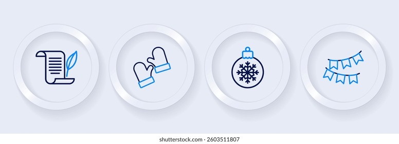 Set line Carnival garland with flags, Christmas ball, mittens and Envelope icon. Vector