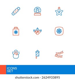 Set line Carnival garland with flags, Firework rocket, Christmas snowman, Snowflake, shopping bag, Branch viburnum, star and globe icon. Vector