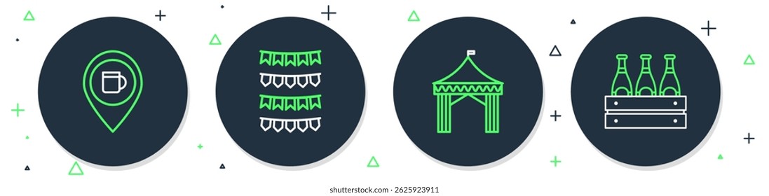 Set line Carnival garland with flags, Camping tent, Alcohol or beer bar location and Pack of bottles icon. Vector