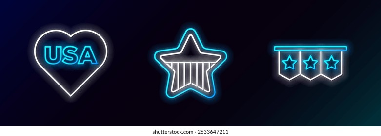 Set line Carnival garland with flags, USA Independence day and  icon. Glowing neon. Vector