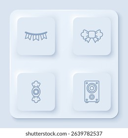 Set line Carnival garland with flags, Bow tie, Candy and Stereo speaker. White square button. Vector