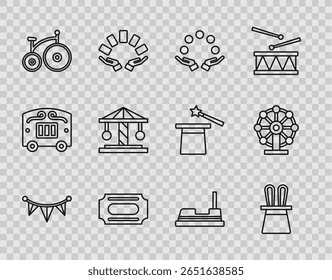Set line Carnival garland with flags, Magician hat rabbit ears, Juggling ball, Circus ticket, Vintage bicycle, Attraction carousel, Bumper and Ferris wheel icon. Vector