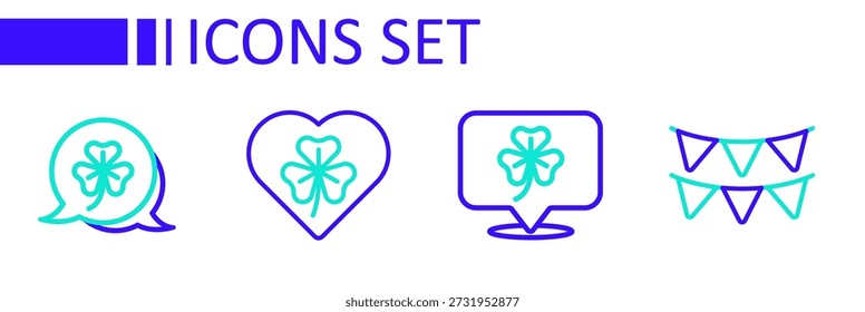 Set line Guirnalda de carnaval con banderas, hoja de trébol de trébol, trébol de corazón e icono. Vector
