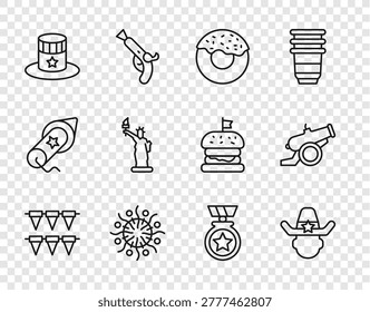 Set line Carnival garland with flags, Sheriff cowboy, Donut, Firework, Patriotic American top hat, Statue of Liberty, Medal star and Cannon icon. Vector