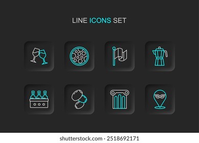 Set line Carnival mask, Ancient column, Olives, Bottles of wine, Coffee maker moca pot, Flag Italy, Pizza and Wine glass icon. Vector