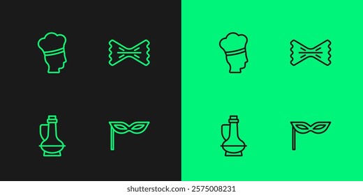 Set line Carnival mask, Bottle of olive oil, Italian cook and Macaroni icon. Vector