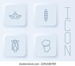 Set line Carnival mask, French baguette bread, Scooter and Italian cook. White square button. Vector