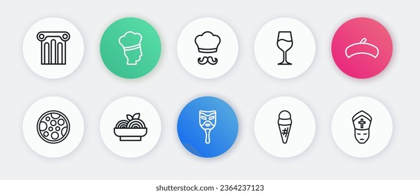 Set line Carnival mask, French beret, Pizza, Ice cream in waffle, Wine glass, Italian cook, Pope and Pasta spaghetti icon. Vector