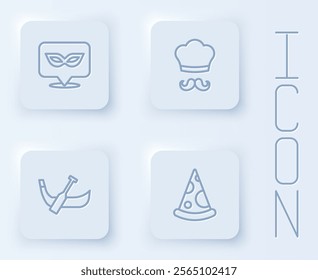 Set line Carnival mask, Italian cook, Gondola boat and Slice of pizza. White square button. Vector