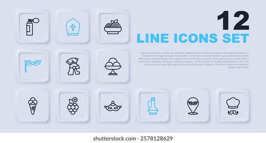 Set line Carnival mask, Italian cook, Roman army helmet, Bottle of olive oil, Grape fruit, Pope hat and  icon. Vector