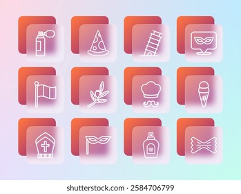 Set line Carnival mask, Italian cook, Perfume, Olives branch, Leaning tower in Pisa,  and Slice of pizza icon. Vector