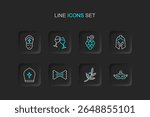 Set line Carnival mask, Olives branch, Macaroni, Pope hat, Roman army helmet, Grape fruit, Wine glass and  icon. Vector