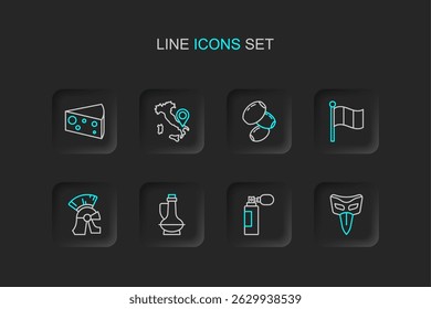 Set line Carnival mask, Perfume, Bottle of olive oil, Roman army helmet, Flag Italy, Olives, Map and Cheese icon. Vector