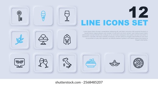 Set line Carnival mask, Pizza, Ice cream in the bowl, Pasta spaghetti, Olives branch, Wine glass, waffle and Map of Italy icon. Vector