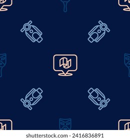 Set line Carnival mask, Scooter and Flag Italy on seamless pattern. Vector